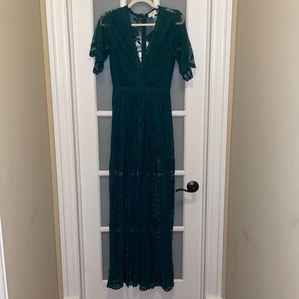 Socialite: Teal Romper/Lace Overlay Maxi Dress - Size S
